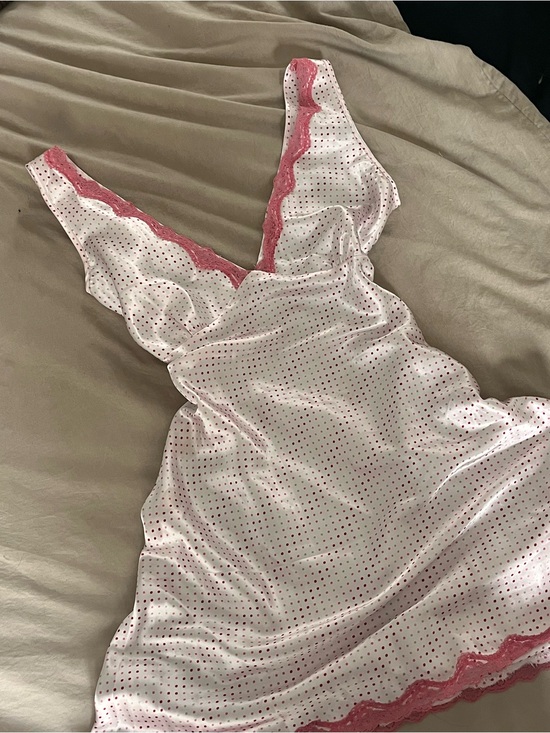 Vintage Other - Vintage Pink Polka Dot Satin Chemise with Pink Lace Trim